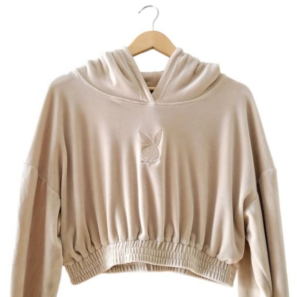 Playboy Velour Cropped Hoodie Sweater Tan Cream Size Large. - Picture 4 of 10